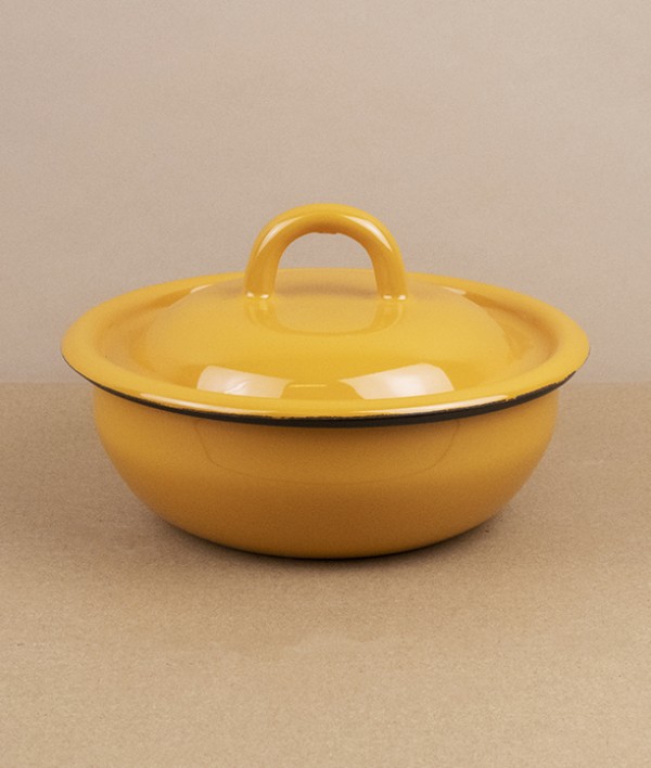 Ukrainian lidded enamel bowl, 14cm, yellow