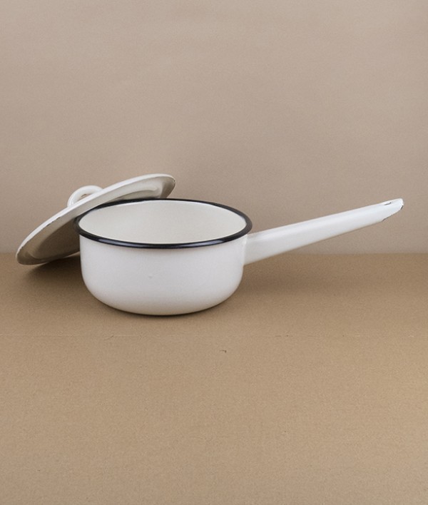 Ukrainian Enamel Lidded Saucepan, Cream
