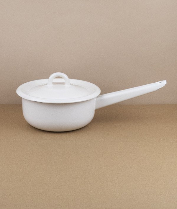 Ukrainian Enamel Lidded Saucepan, Cream