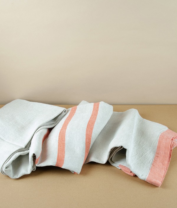 Finnish Linen Table Cloth Natural, Papaya Stripe