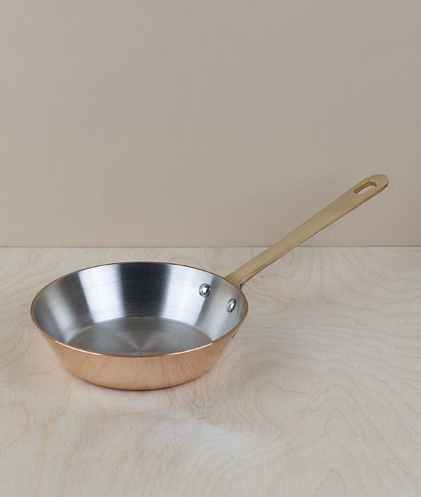 Copper frying pans, brass handles