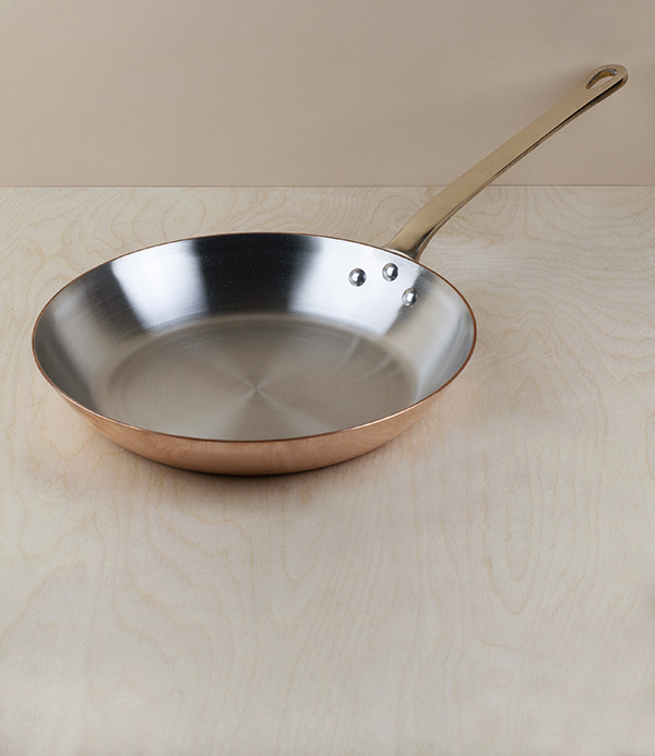 Copper frying pans, brass handles