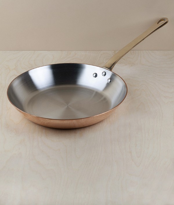 Copper frying pans, brass handles