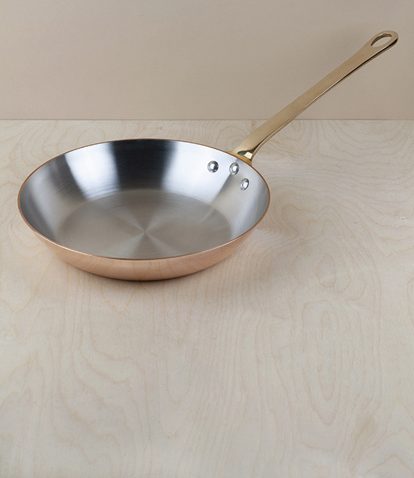 Copper frying pans, brass handles