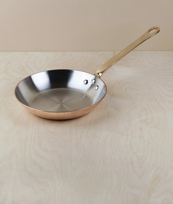 Copper frying pans, brass handles