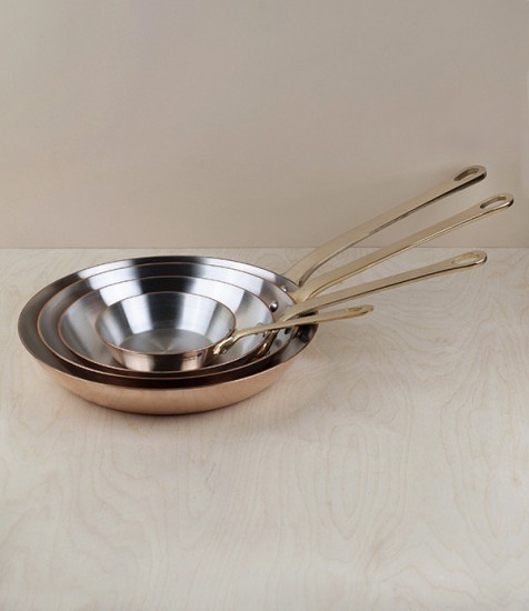 Copper frying pans, brass handles