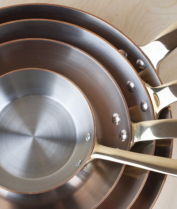 Copper frying pans, brass handles