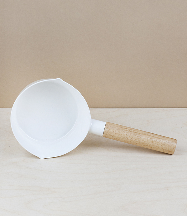 Japanese enamel wooden handled milk pan