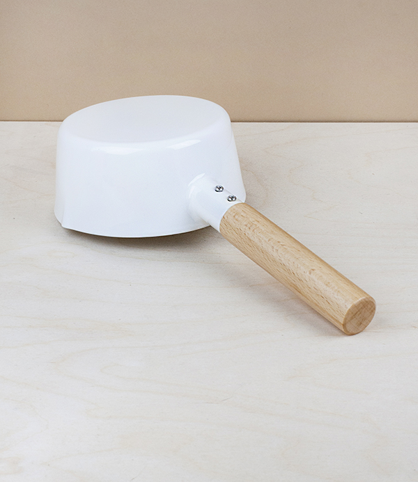 Japanese enamel wooden handled milk pan