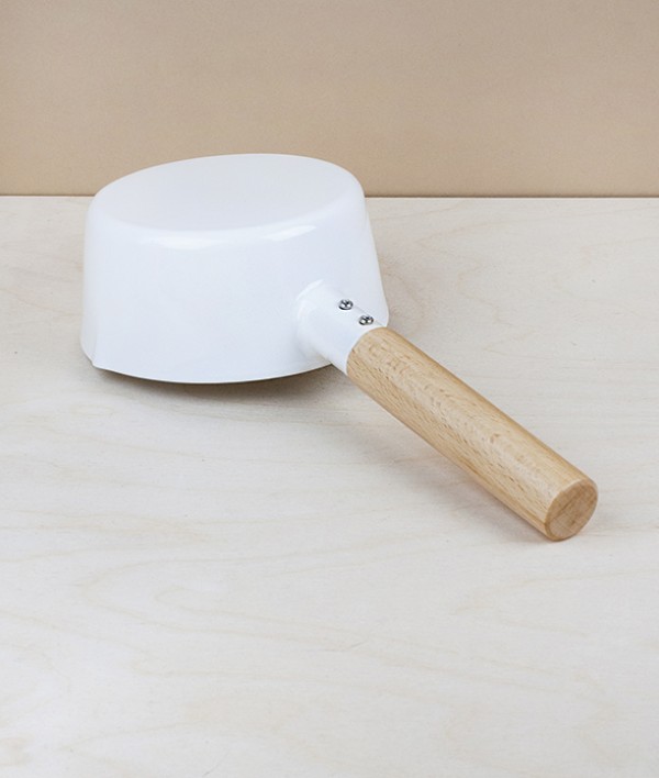 Japanese enamel wooden handled milk pan