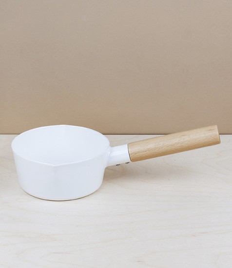 Japanese enamel wooden handled milk pan